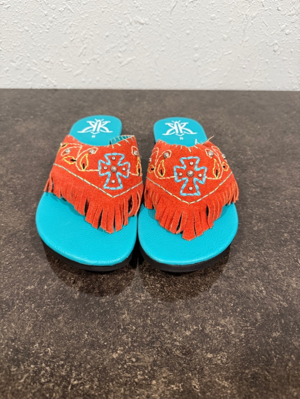 Turquoise Footbed Sandal with Orange Fringe Embroidery and Concho Studs Size 8 - Picture 3 of 9